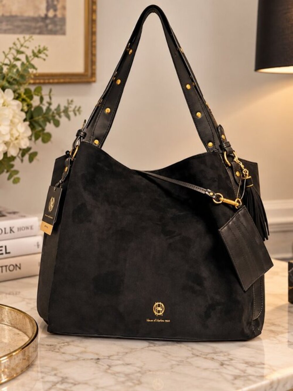 House of Harlow 1960 Black Suede Studded Tote Bag Card Holder NWT